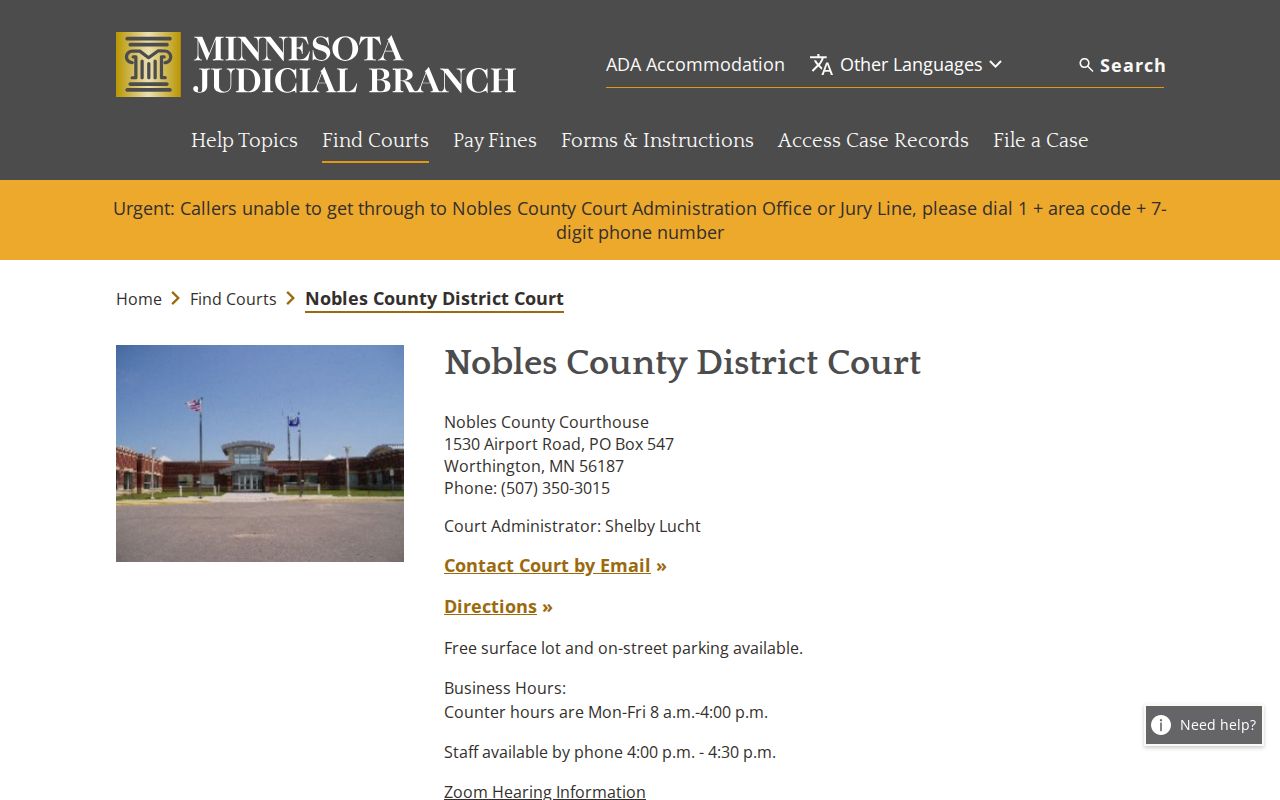 Nobles County District Court page listing counter hours for warrant record questions