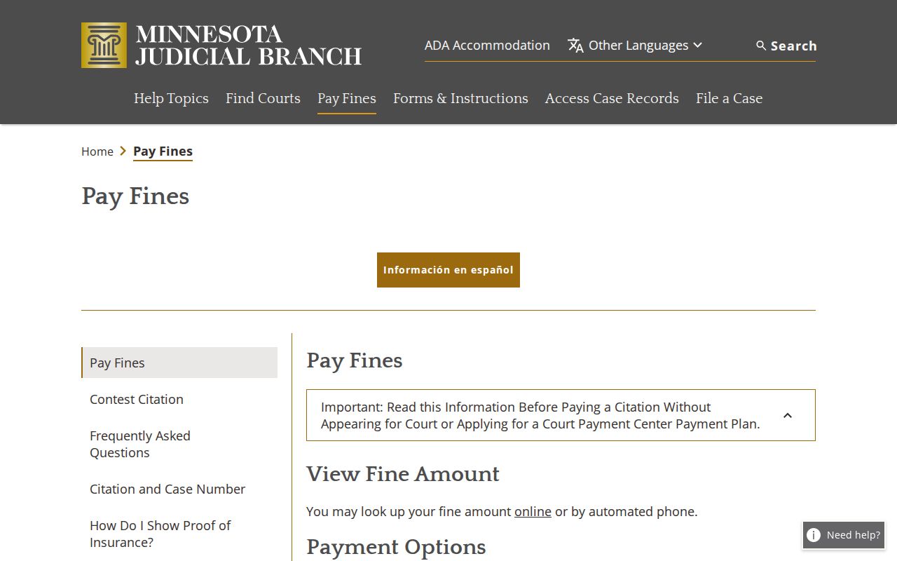 Minnesota court payment page showing payment options for a Nobles County traffic warrant