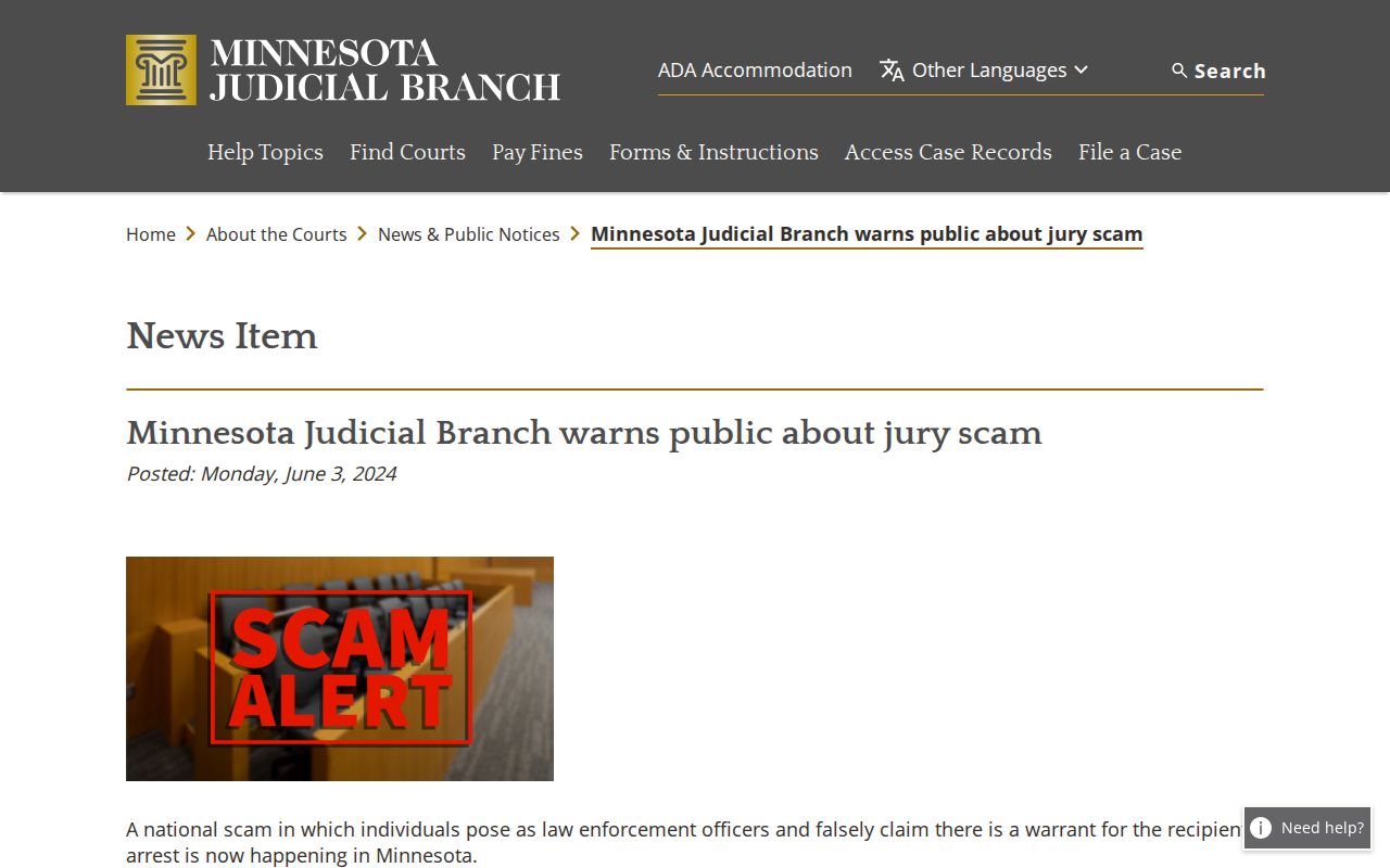 Official Minnesota court scam warning relevant to Nobles County most wanted and warrant calls