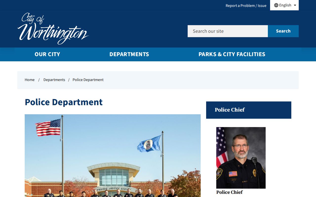 Worthington Police Department contact page at the shared justice center used for warrant record questions