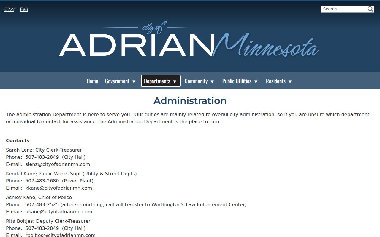 Adrian city administration page showing police call routing for warrant record questions
