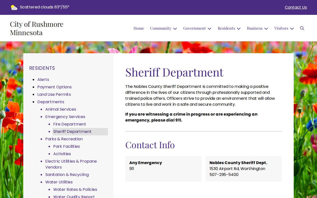 Small city page routing police service to the Nobles County Sheriff instead of a city court