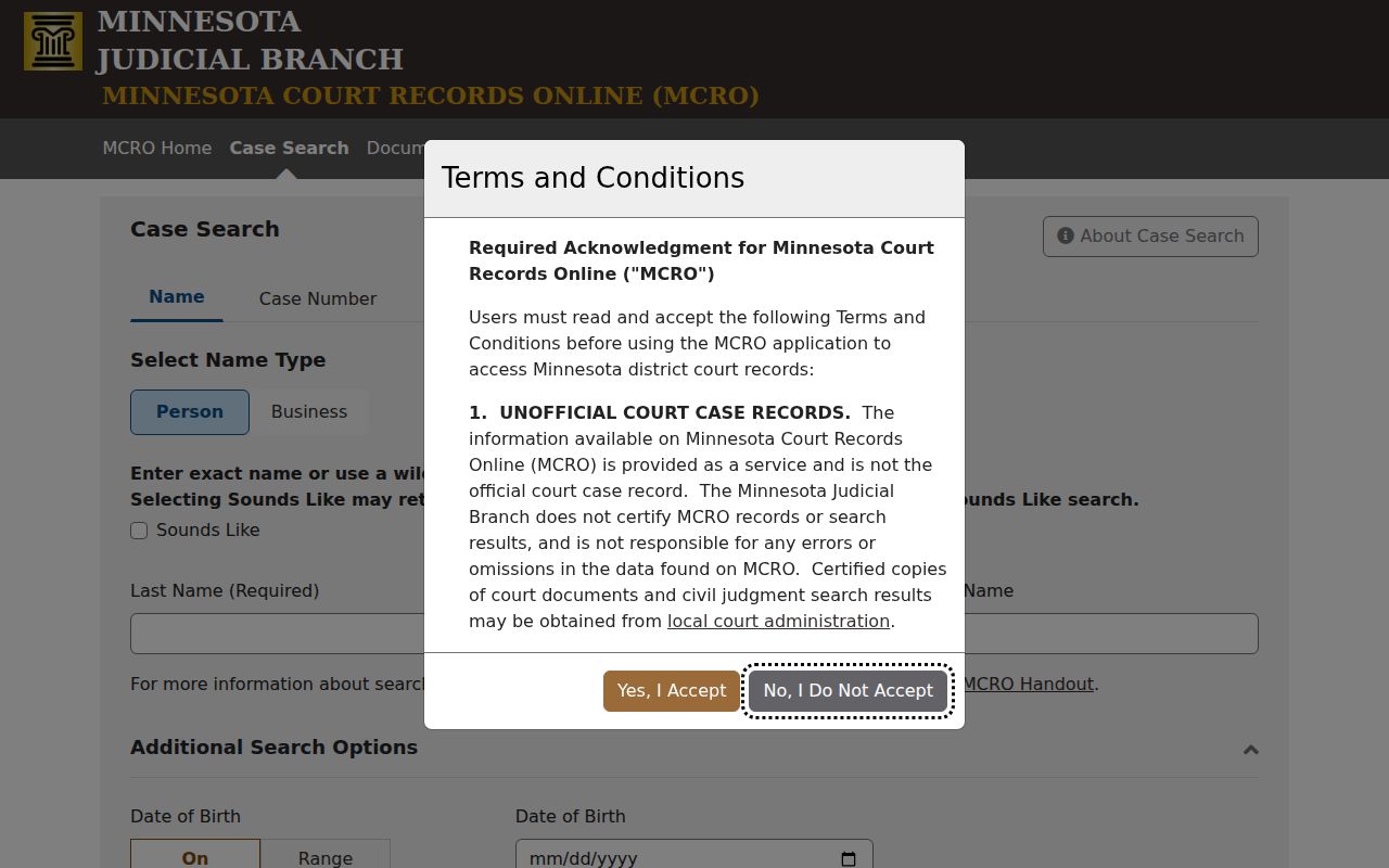 Minnesota Court Records Online case search form used for Nobles County warrant searches