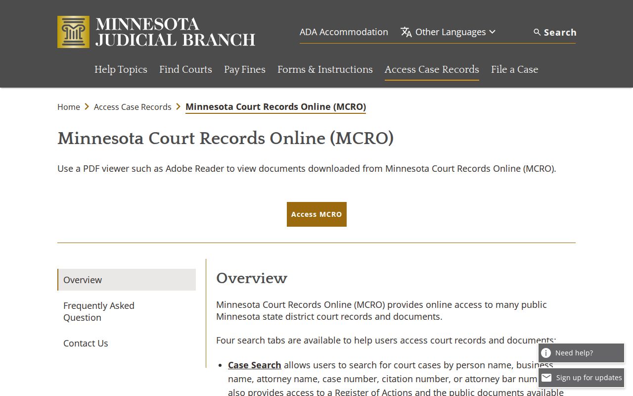 Minnesota Court Records Online overview used for a Nobles County warrant search